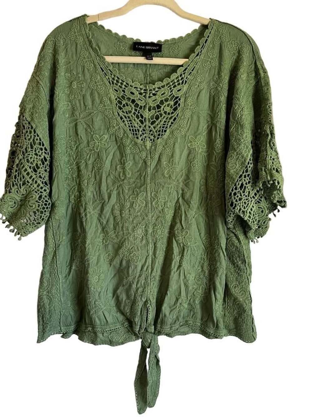 Lane Bryant BohoBlouse Size 18/20 Green Crochet Lace Trim Embroidered Tie Front